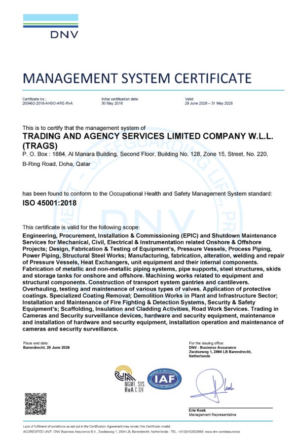 ISO_45001-TRADING AND AGENCY SERVICES LIMITED COMPANY W.L.L. (TRAGS)