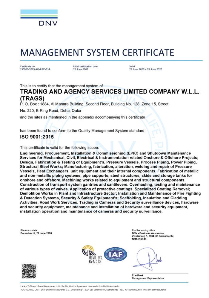 ISO_9001-TRADING AND AGENCY SERVICES LIMITED COMPANY W.L.L. (TRAGS)_Page_1
